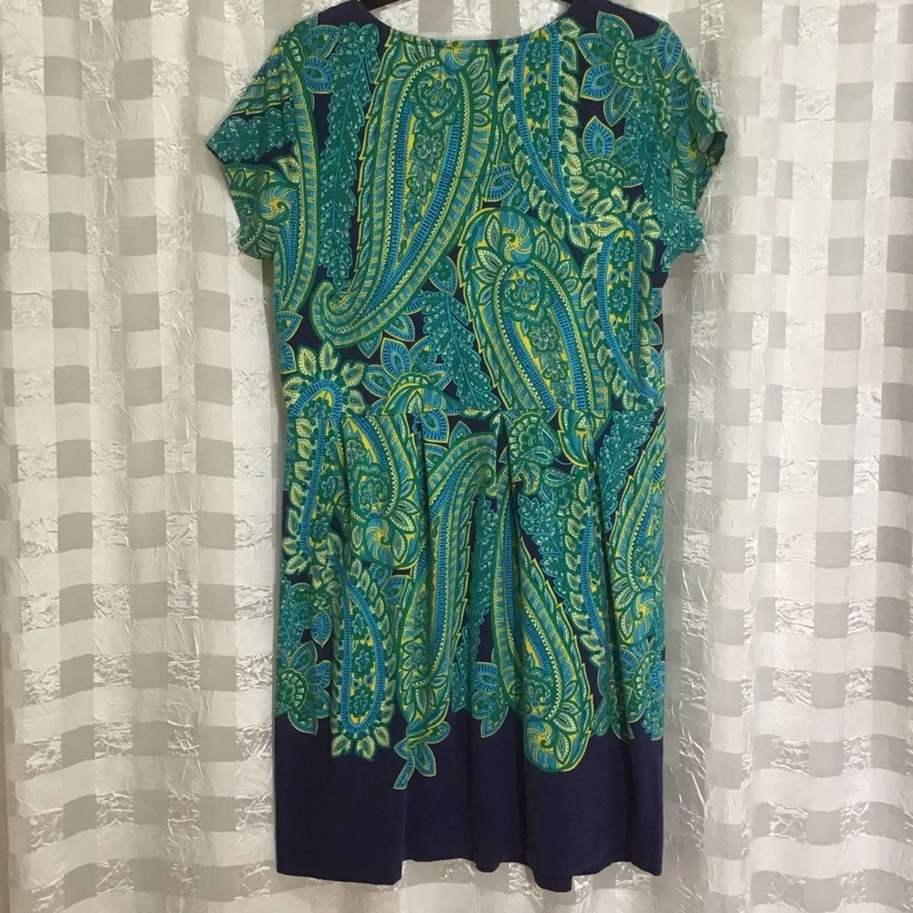 Isaac Mizrahi Live! Blue Green Yellow Paisley Short Sleeve Dress, Size L - Picture 2 of 10